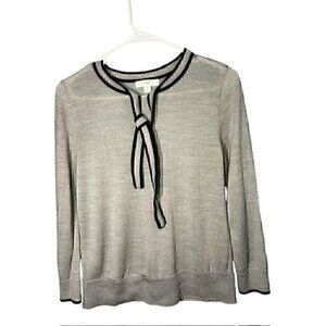 1901 Womens Grey Sweater With Black Trim & Tie Neckline, preppy, 50% Merino wool